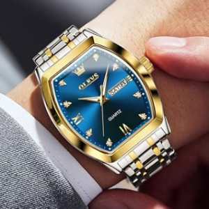 Men’s luxury watch with blue dial and gold silver metal strap