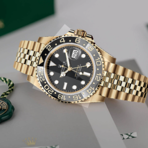 Gold luxury men’s watch with black dial and metal bracelet