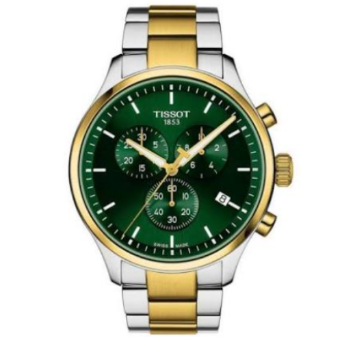 Tissot green chronograph men’s watch with gold and silver metal strap